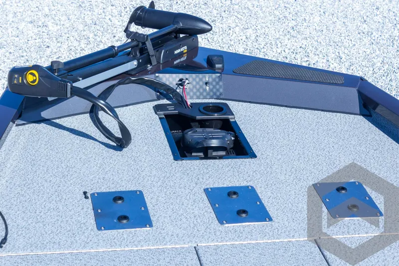 Slide: The Image of 2025 G3 Sportsman 1710 boat deck with mounted trolling motor. - 44