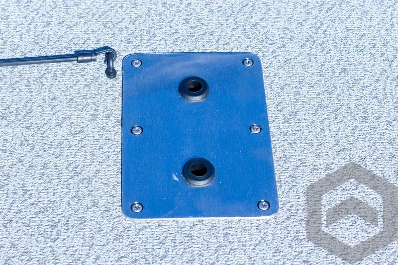 Slide: The Image of Metal plate on G3 Sportsman 1710 boat, 2025 model, with two holes and screws. - 48