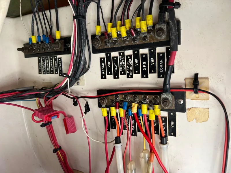 Slide: The Image of Electrical wiring panel of a 1973 Bertram 31 Flybridge Cruiser boat. - 28