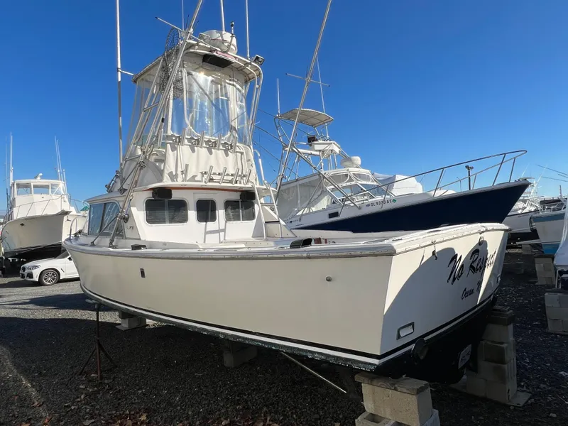 Slide: The Image of 1973 Bertram 31 Flybridge Cruiser on dry dock under clear blue sky. - 3