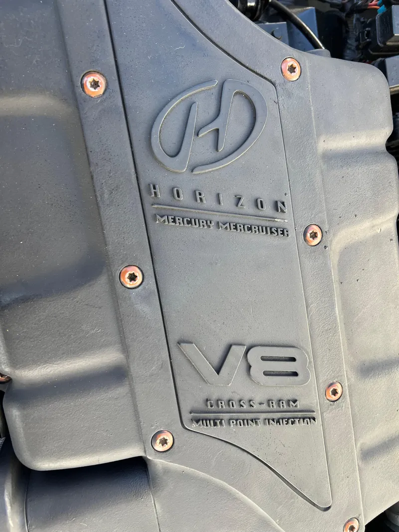 Slide: The Image of Mercury MerCruiser Horizon V8 engine cover on 1973 Bertram 31 Flybridge Cruiser. - 45