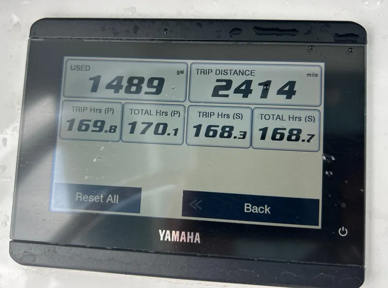 Slide: The Image of Yamaha display showing fuel usage and trip data for 2024 Sea Hunt Gamefish 27. - 19