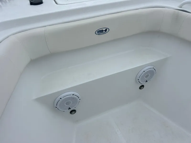 Slide: The Image of 2024 Sea Hunt Gamefish 27 interior with coffin box and speakers. - 28