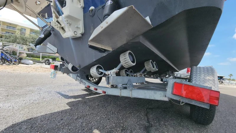 Slide: The Image of 2014 Striper 220 Center Console boat on trailer, rear view. - 29