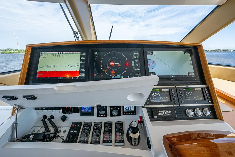 Slide: The Image of Control panel of 2017 F&S Custom Express Sportfish with navigation screens and instruments. - 30