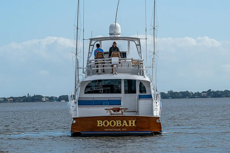 Slide: The Image of 2017 F&S Custom Express Sportfish boat on water, rear view, named "Boobah," Montauk, NY. - 59
