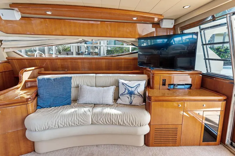 Slide: The Image of Luxurious 2003 Ferretti Yachts 620 interior with plush seating and modern entertainment system. - 25