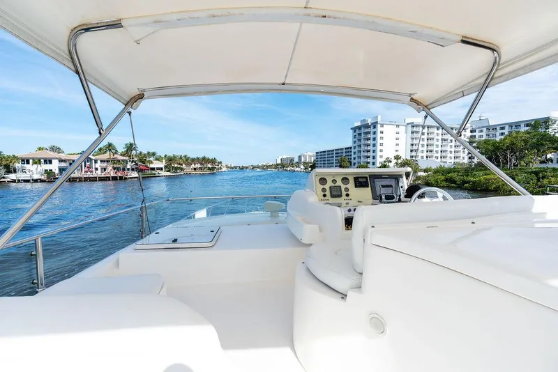 Slide: The Image of Flybridge view of 2003 Ferretti Yachts 620, overlooking serene waterfront and modern buildings. - 14