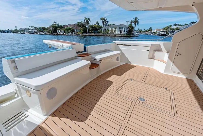 Slide: The Image of Spacious deck of 2003 Ferretti Yachts 620 with scenic waterfront view. - 8