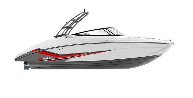 Slide: The Image of 2019 Yamaha Boats AR240, sleek white and red design, side view. - 24