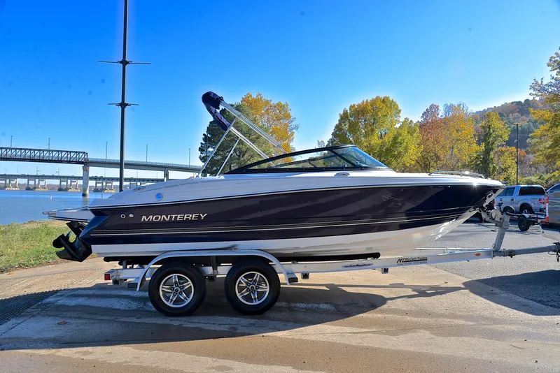 Slide: The Image of 2018 Monterey 204 FS boat on trailer by river, sunny day. - 15