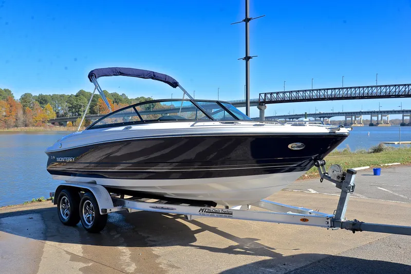 Slide: The Image of 2018 Monterey 204 FS boat on trailer by river, under clear blue sky. - 16