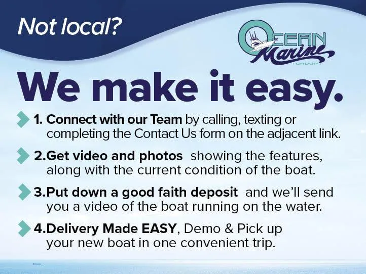Slide: The Image of Ocean Marine Group's easy boat purchase process for non-local buyers, featuring the 2025 Tidewater 2500CB. - 2