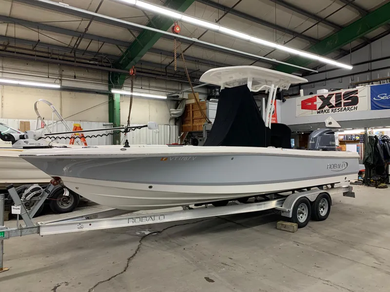 Slide: The Image of 2019 Robalo 246 Cayman boat on trailer in indoor storage facility. - 5