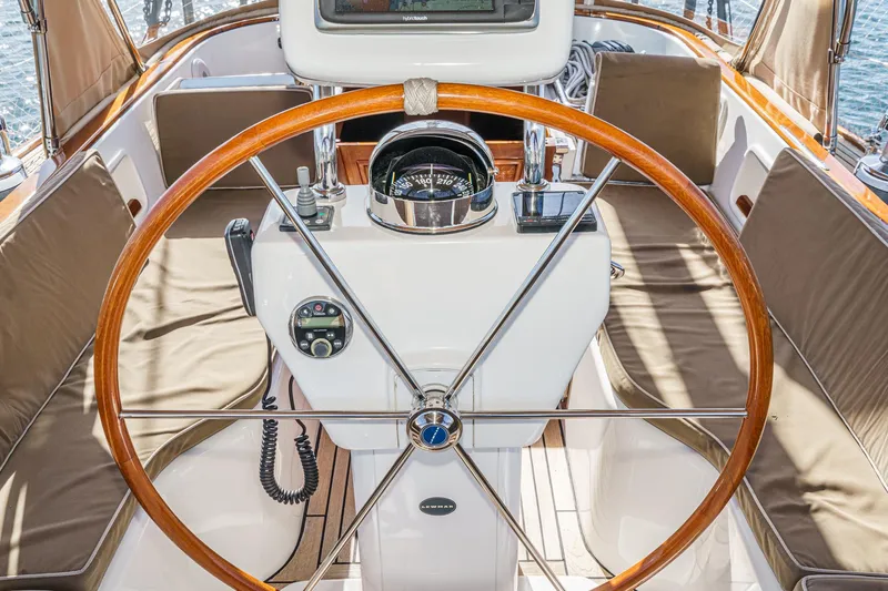 Slide: The Image of Hylas 46 yacht cockpit with wooden steering wheel, 2012 model. - 16
