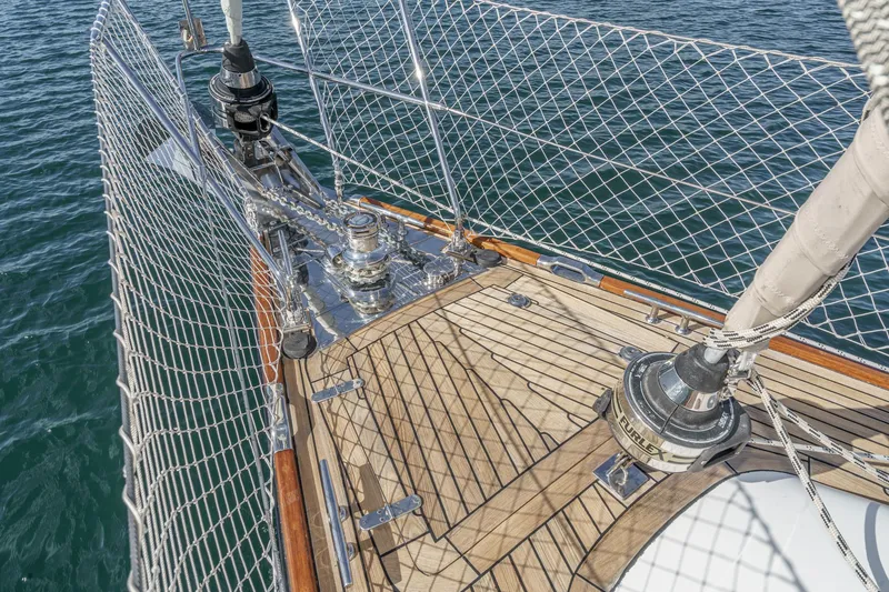 Slide: The Image of Hylas 46 sailboat deck, 2012 model, with polished fittings and safety netting. - 7