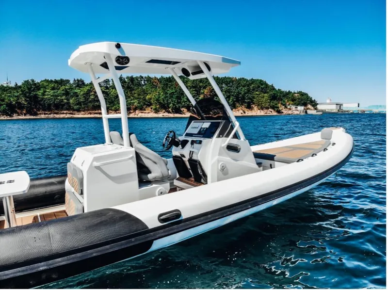 The Image of 2025 Highfield Sport 900 boat on clear blue water near a forested shoreline. - 0