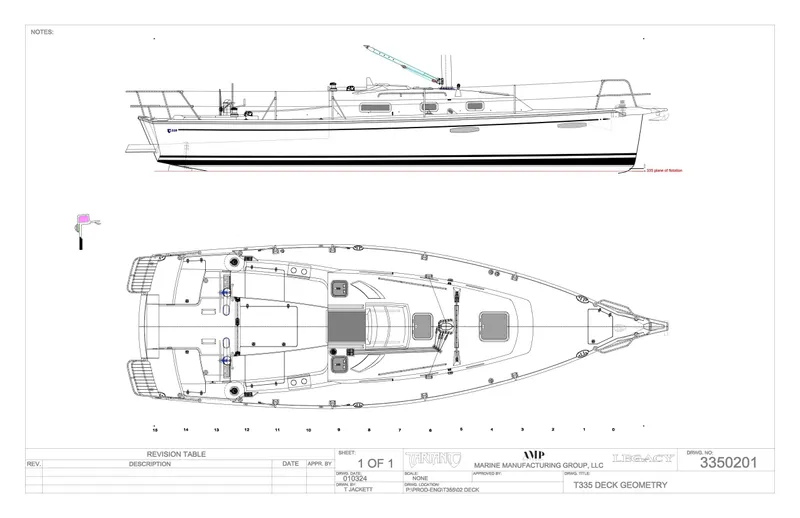 Slide: The Image of Blueprint of 2025 Tartan 335 sailboat, side and top views, detailed deck geometry. - 2
