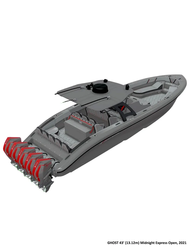 Slide: The Image of 2021 Midnight Express 43 Open boat with quad engines, sleek design. - 17
