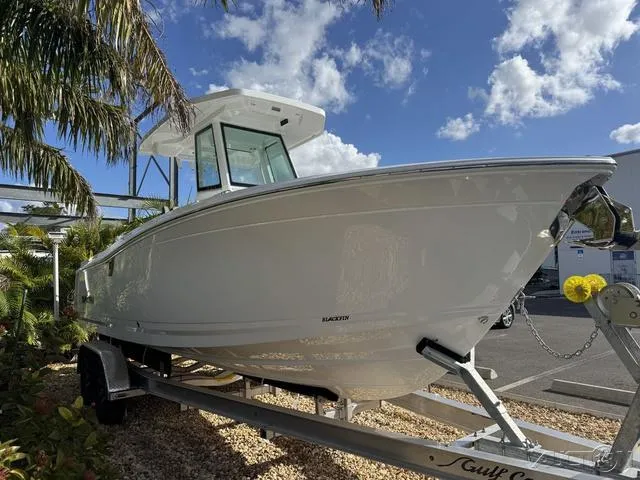 Slide: The Image of 2025 Blackfin 252CC boat on trailer under blue sky and palm trees. - 5