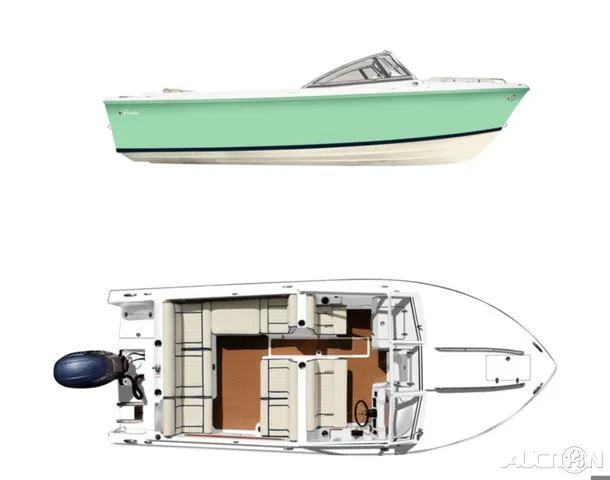 Slide: The Image of 2025 Rossiter 20 boat, side and top view, mint green hull, outboard motor. - 10
