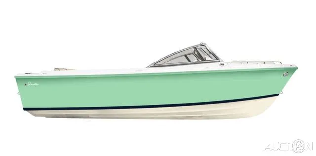 Slide: The Image of 2025 Rossiter 20 boat, mint green hull, sleek design, side view. - 11
