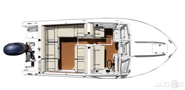 Slide: The Image of Top view of 2025 Rossiter 20 boat with seating and outboard motor. - 12