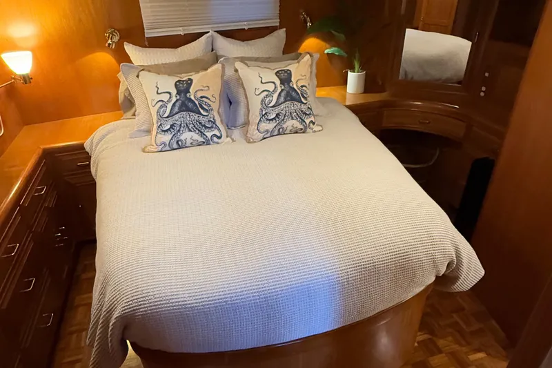 Slide: The Image of Cozy bedroom in 1988 Ocean Alexander 42 CPMY yacht with octopus-themed pillows. - 14