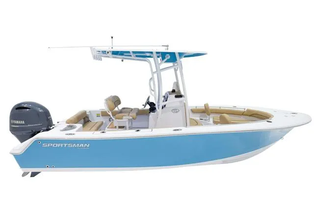 Slide: The Image of 2024 Sportsman Open 212 boat, blue hull, Yamaha engine, center console, T-top, beige seating. - 16