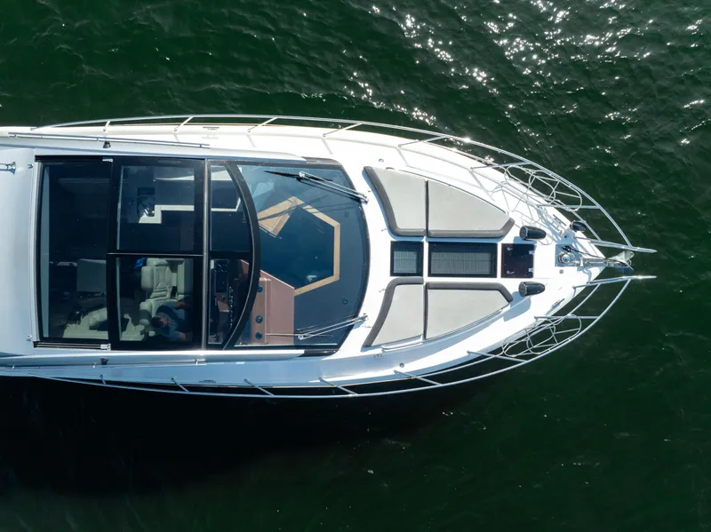 Slide: The Image of Aerial view of 2016 Galeon 430 HTC yacht on water. - 15