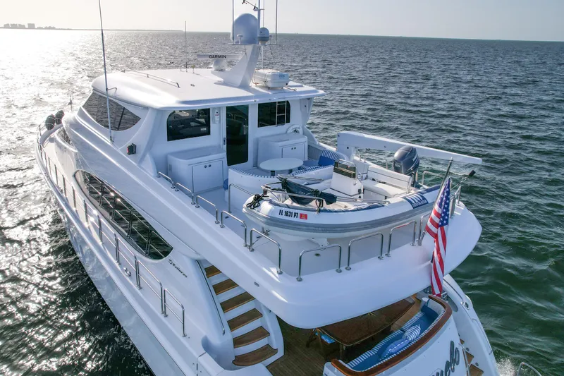 Slide: The Image of 2007 Hatteras 80 Motor Yacht cruising on open water, rear view. - 16