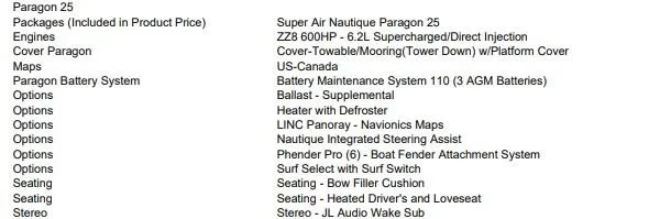 Slide: The Image of 2023 Nautique Super Air Nautique G25 Paragon features and options list. - 14