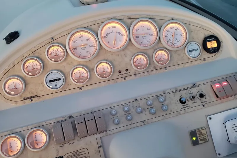 Slide: The Image of 1998 Cruisers 2870 Rogue dashboard with illuminated gauges and controls. - 6