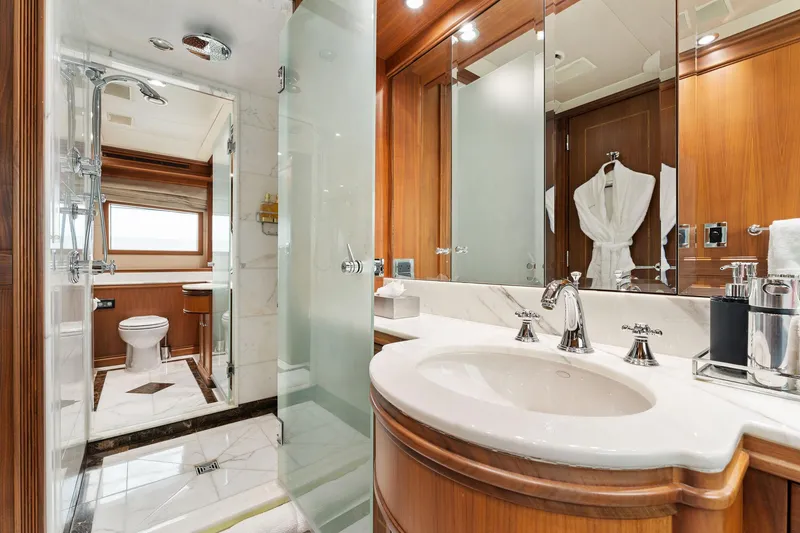 Slide: The Image of Luxurious bathroom on 2006 Palmer Johnson motor yacht with elegant wood and marble finishes. - 38
