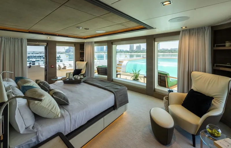 Slide: The Image of Luxurious bedroom on 2026 Majesty 175 yacht with panoramic ocean views. - 34