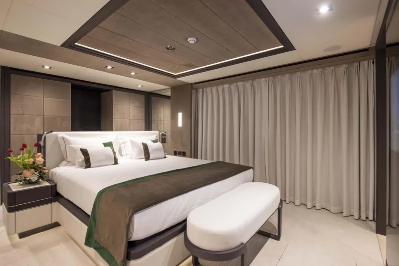 Slide: The Image of Luxurious bedroom interior on 2026 Majesty 175 yacht, featuring elegant decor and modern furnishings. - 42
