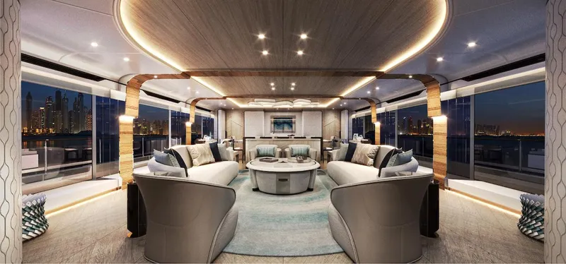 Slide: The Image of Luxurious interior of 2026 Majesty 160 yacht with elegant seating and ambient lighting. - 10