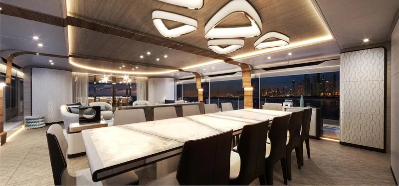 Slide: The Image of Luxurious interior of 2026 Majesty 160 yacht with elegant dining area and modern lighting. - 11