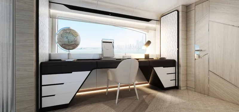 Slide: The Image of Luxurious Majesty 160 yacht interior office with modern desk and chair, 2026 model. - 13
