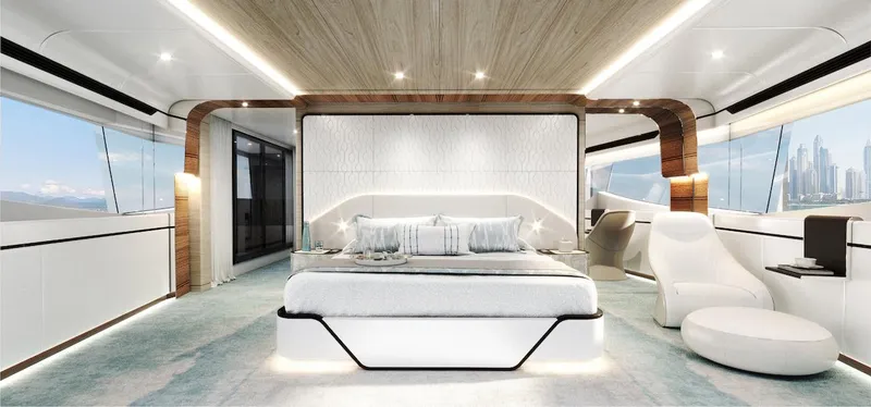 Slide: The Image of Luxurious 2026 Majesty 160 yacht interior with modern bedroom design and panoramic windows. - 16