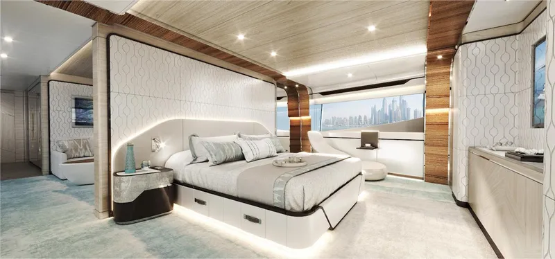 Slide: The Image of Luxurious 2026 Majesty 160 yacht bedroom with modern design and panoramic window views. - 17