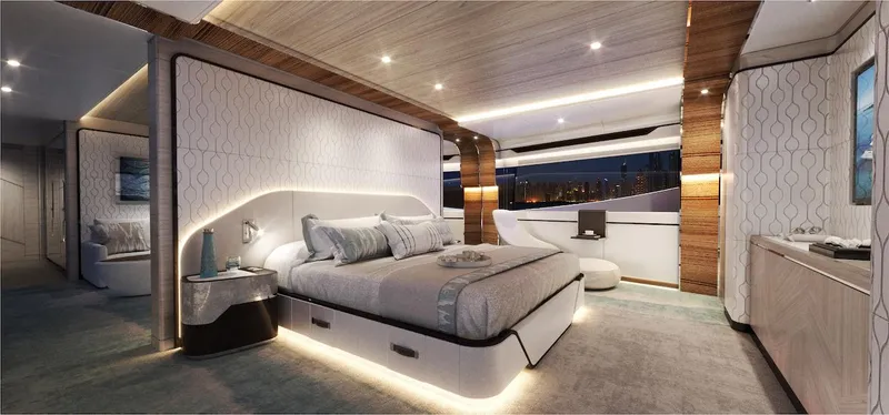 Slide: The Image of Luxurious 2026 Majesty 160 yacht bedroom with modern design and ambient lighting. - 18