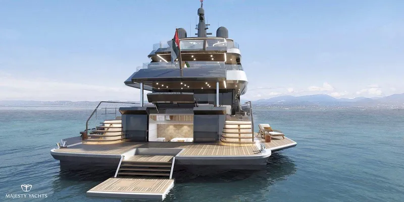 Slide: The Image of Luxury Majesty 160 yacht, 2026 model, on serene ocean waters. - 2