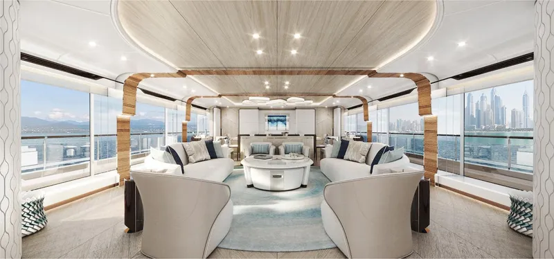 Slide: The Image of Luxurious interior of 2026 Majesty 160 yacht with panoramic windows and elegant seating. - 4
