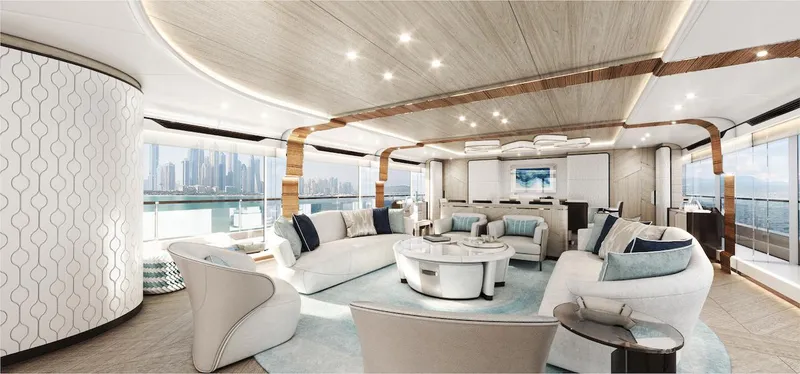 Slide: The Image of Luxurious 2026 Majesty 160 yacht interior with elegant seating and panoramic city views. - 5