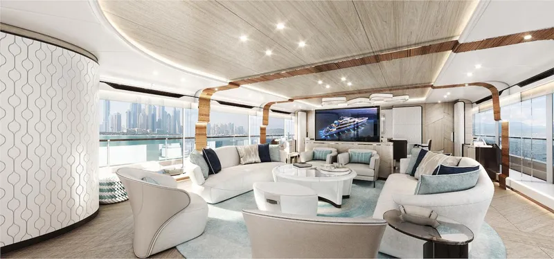 Slide: The Image of Luxurious 2026 Majesty 160 yacht interior with elegant seating and panoramic city views. - 6