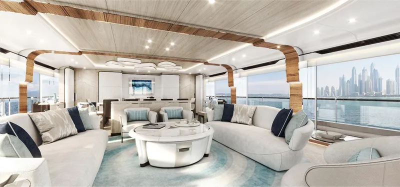 Slide: The Image of Luxurious interior of 2026 Majesty 160 yacht with modern design and panoramic city views. - 7