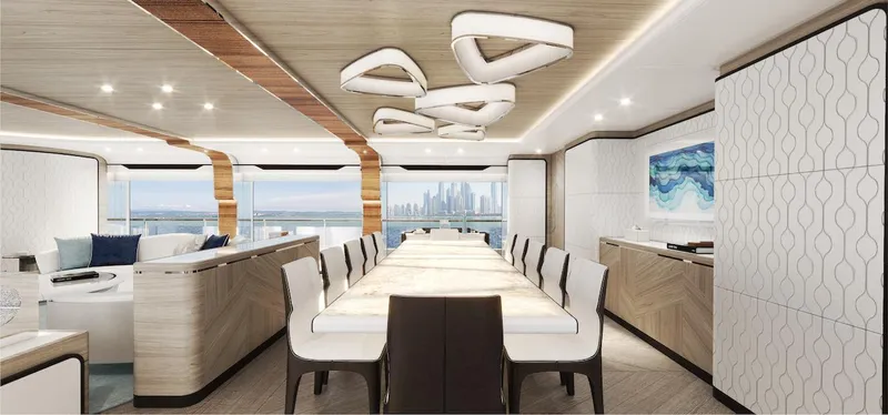 Slide: The Image of Luxurious interior of 2026 Majesty 160 yacht with modern dining area and ocean view. - 8