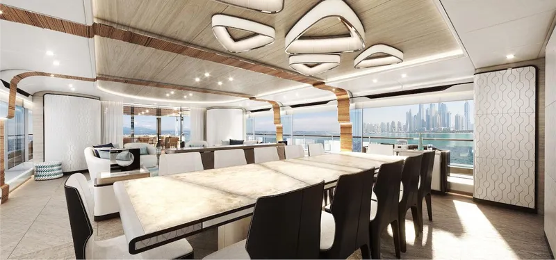 Slide: The Image of Luxurious interior of 2026 Majesty 160 yacht with modern dining area and panoramic views. - 9