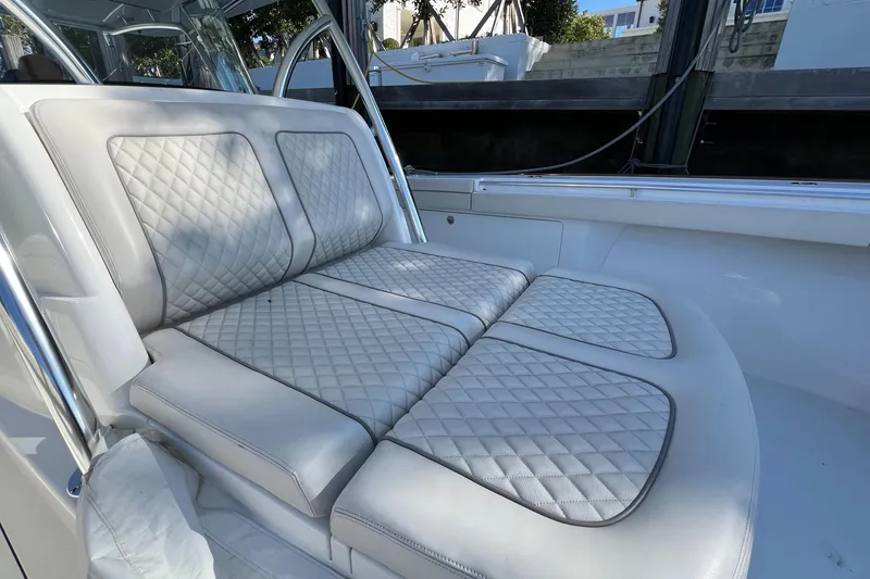 Slide: The Image of 2021 Valhalla Boatworks V-41 interior with quilted seating, luxury marine design. - 17